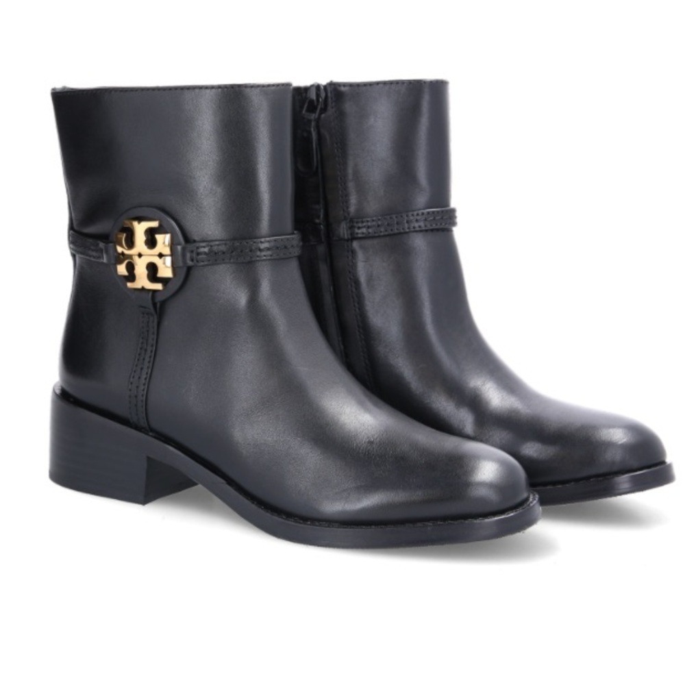 Tory Burch Miller black leather boots gold tone logo zipper booties Sz 10 1/2